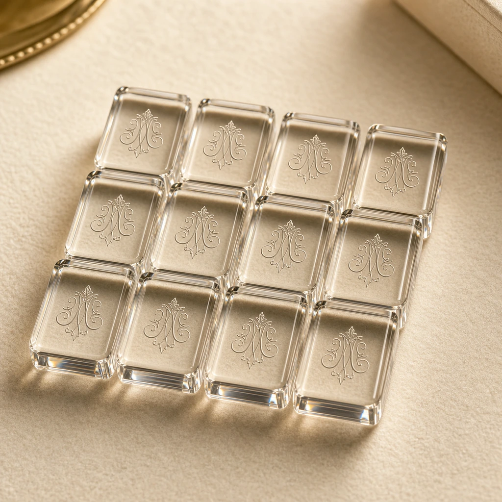Member-monogrammed mahjong tile set with custom initials engraved on every tile back
