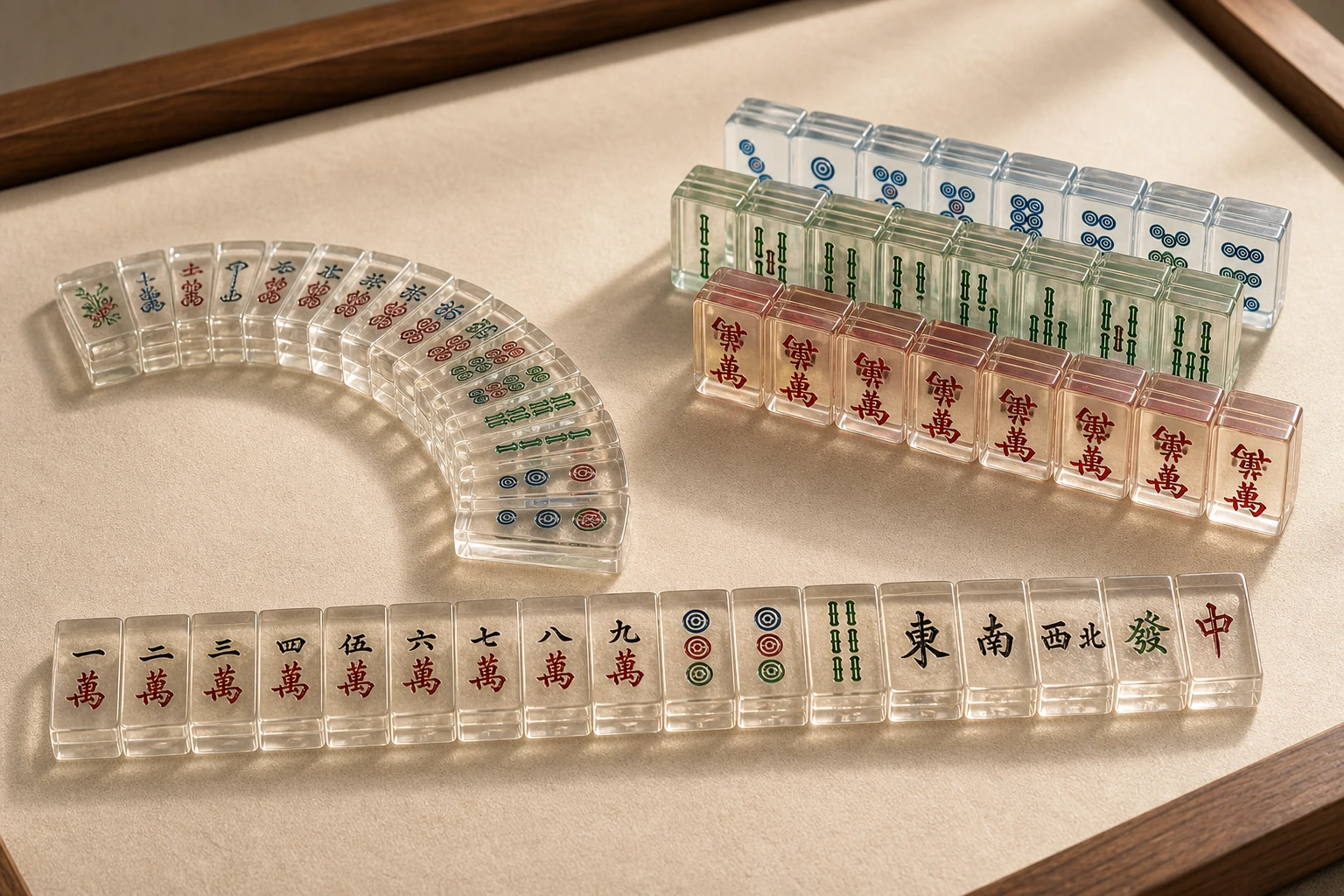 Editorial group shot of three custom acrylic mahjong tile sets on a felted lounge surface — a 152-tile NMJL set arranged in a fan, a boutique colorway run of pastel translucent tiles, and a 4-layer laminated premium set with deep navy lamination