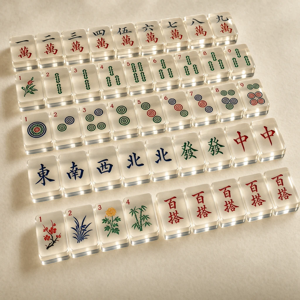 152-tile NMJL American mahjong set in clear cast acrylic, suits and winds laser-etched, eight Joker tiles with red character