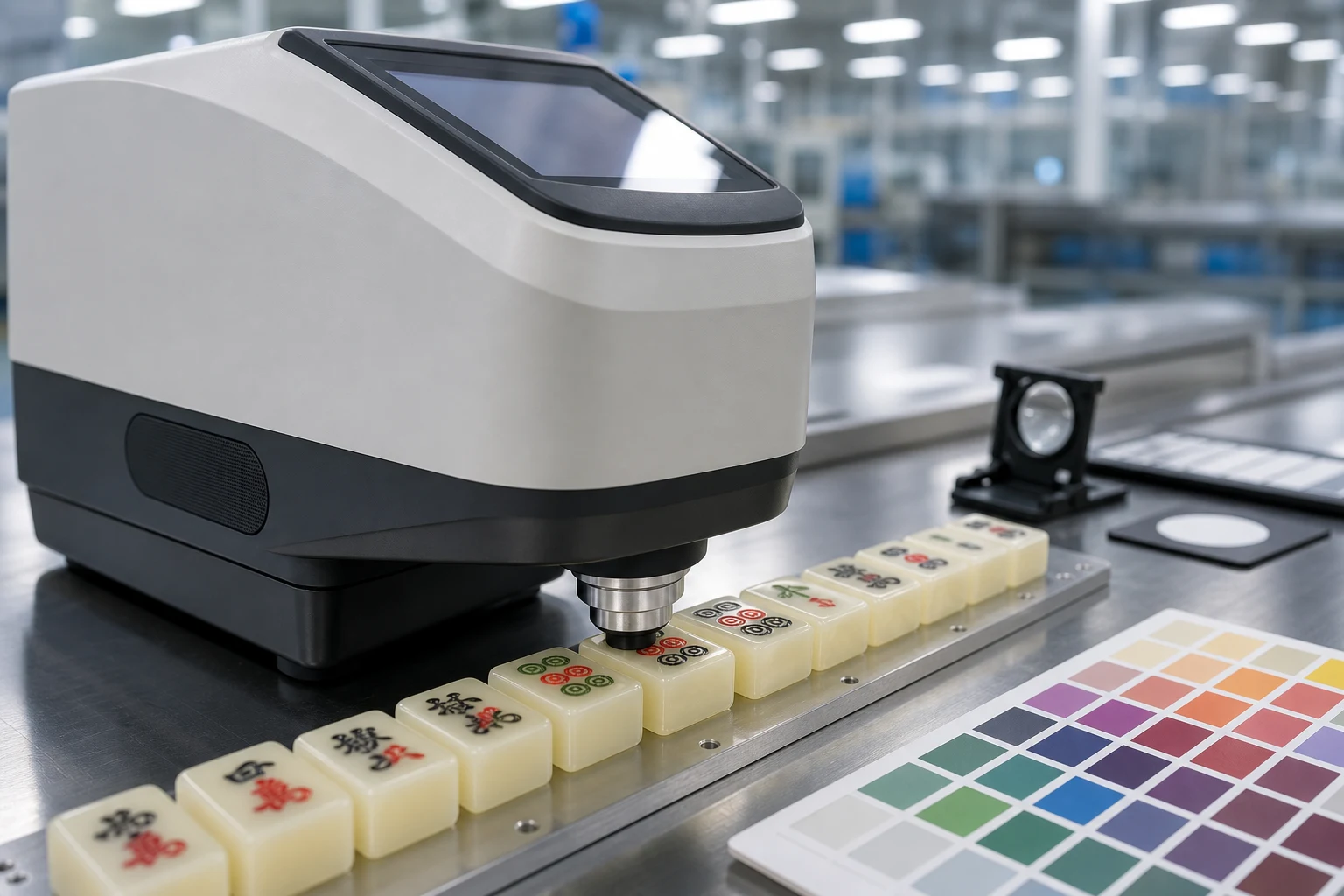 Close-up of custom acrylic mahjong tile production QC for face artwork, color fill and edge finish