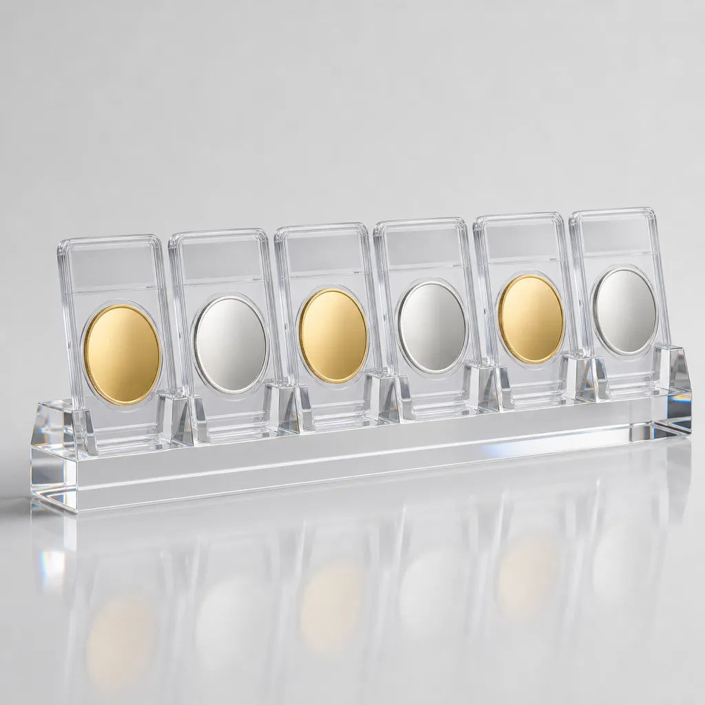 Clear acrylic multi-slot coin display block holding several graded coins upright in a row