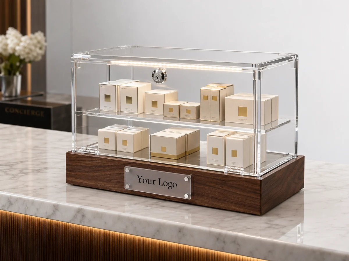 Hotel / Restaurant Front-Desk Merchandising — acrylic countertop display case use case