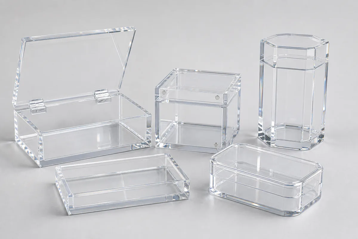 Custom acrylic boxes in several shapes and finishes — a hinged clear box, a frosted cube, and a magnetic-lid display box — showing in-house OEM fabrication