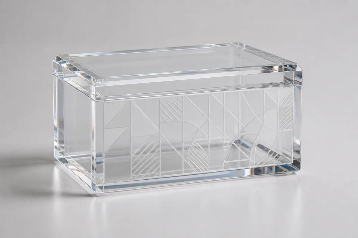 Close-up of branding methods on acrylic boxes — a UV-printed full-color logo, a laser-engraved frosted mark, and a gold foil-stamped emblem