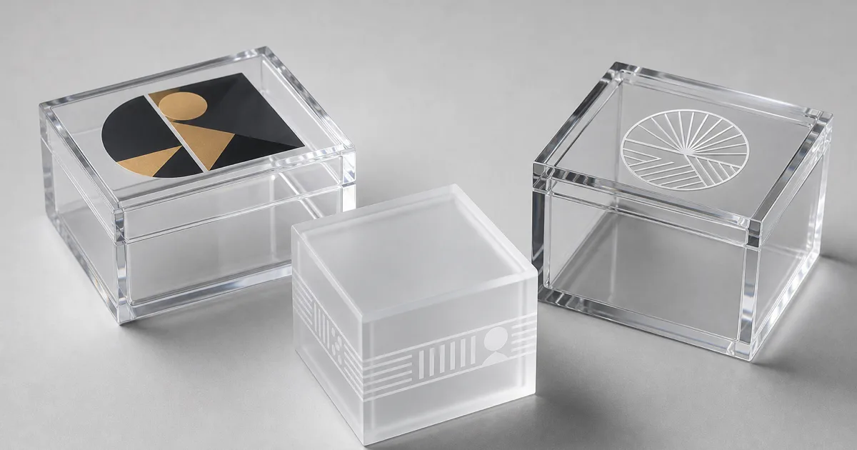 Custom branded acrylic boxes on a clean light-gray background: a UV-printed logo gift box, a silk-screened frosted cube, and a laser-engraved presentation box