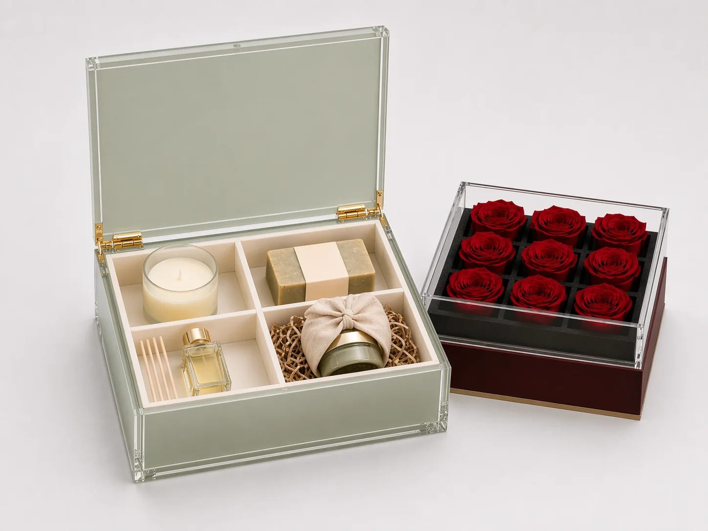 Acrylic multi-compartment gift set box beside an acrylic preserved rose flower box