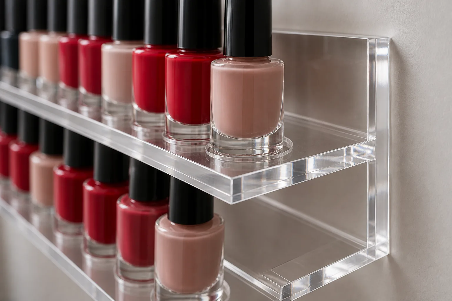 Close-up of a clear acrylic nail polish wall rack tier showing the routed bottle-retention recess and flush hidden mount