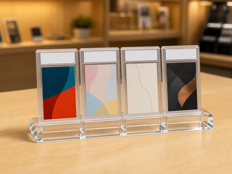 Compact clear acrylic 4-slot block holding four encapsulated graded card slabs upright in a row