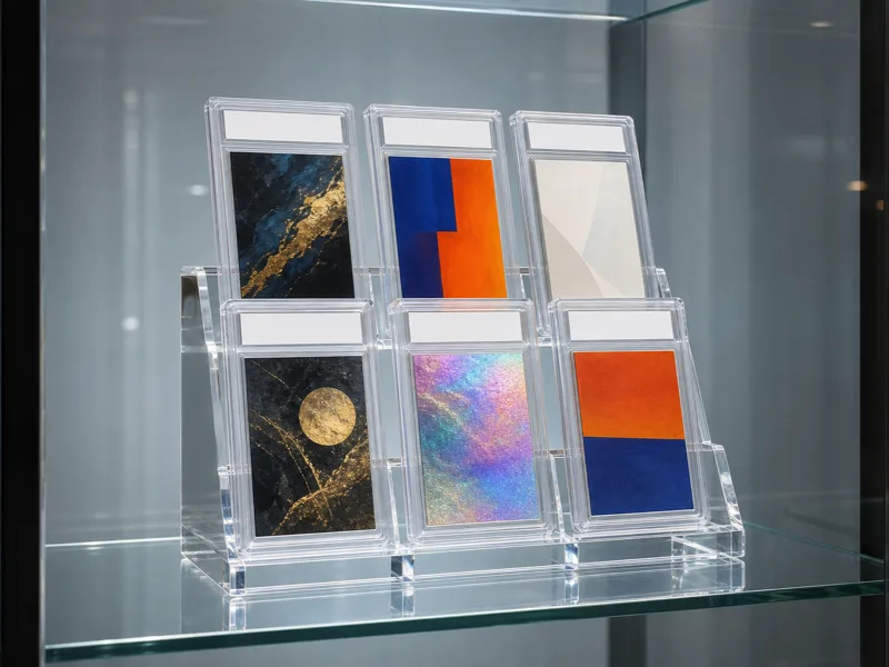 Clear acrylic 6-slot multi-slab grid display block holding six encapsulated graded card slabs at a uniform angle