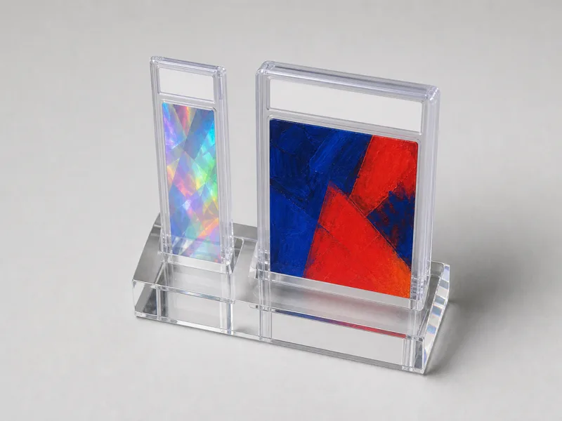 Clear acrylic multi-slot block with two slot widths side by side — a thin slab next to a noticeably thicker slab