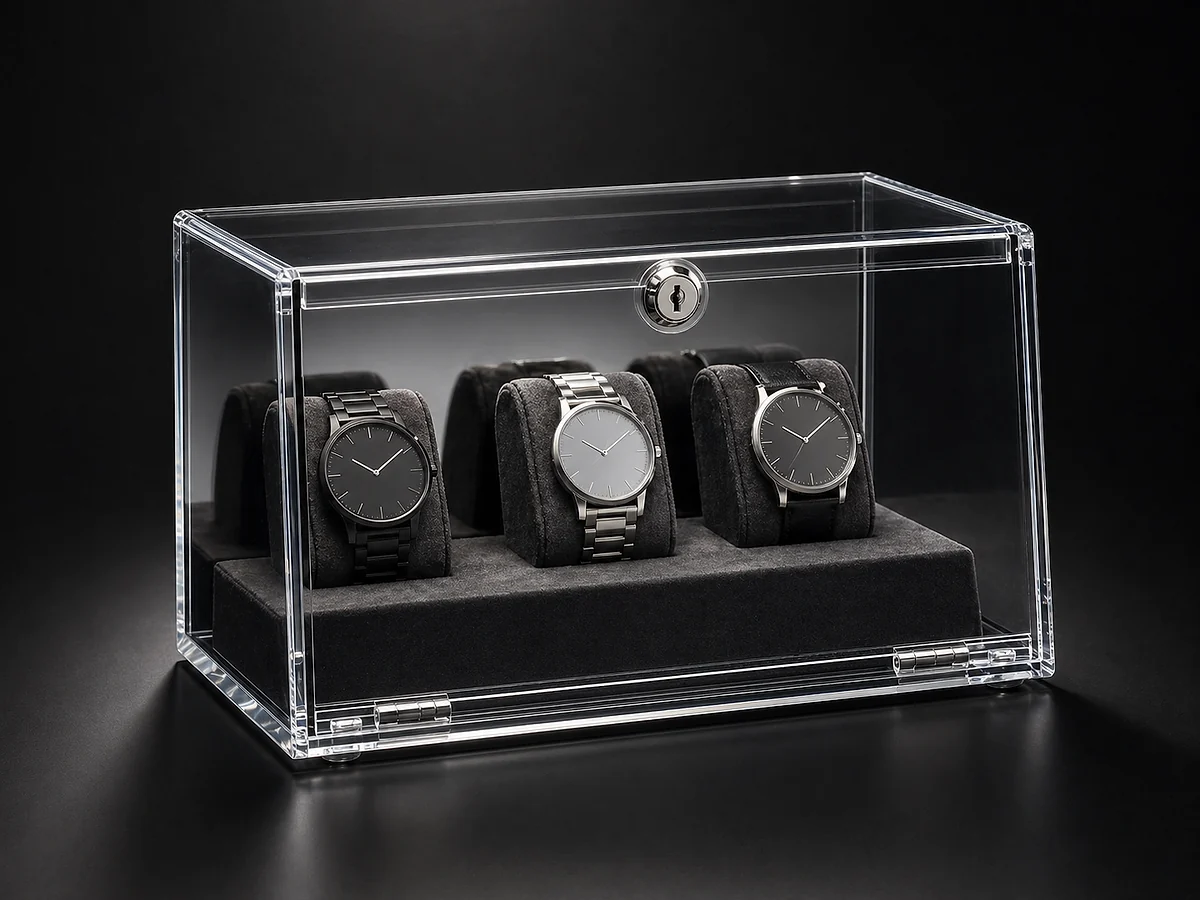 Watch Retail Drop-Front Display Cases — custom lockable acrylic display case project