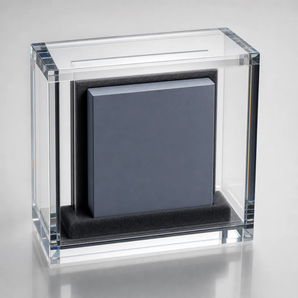 Macro detail of the felt-lined base of a clear acrylic video game display case — a boxed game seated in a dark velvet-lined recess with glossy acrylic walls and a chamfered edge