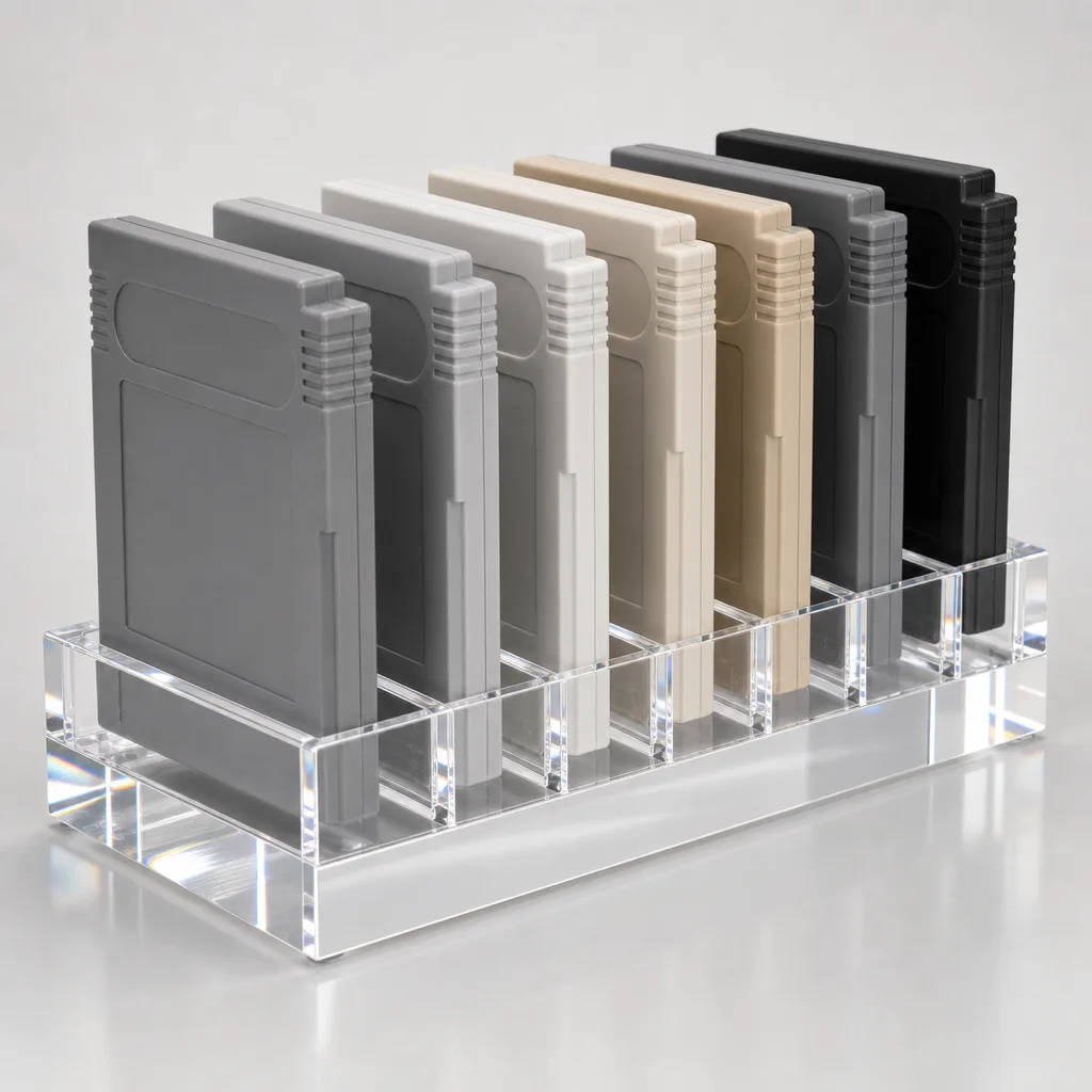 Clear acrylic multi-slot cartridge display block holding several retro game cartridges upright in a row