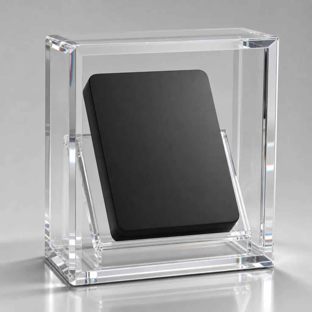 Clear acrylic console display case enclosure holding a game console on an angled stand