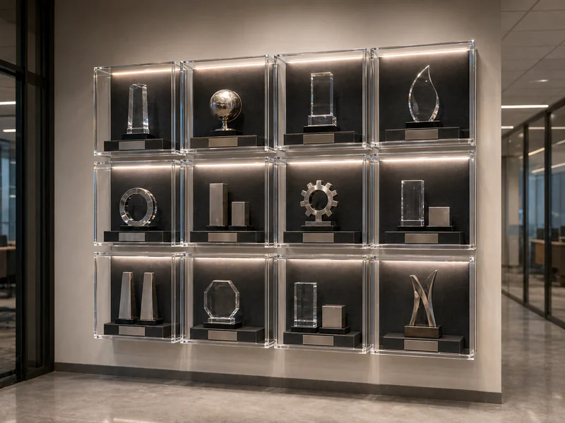 Corporate Trophy Wall System — custom wall mounted acrylic display case project